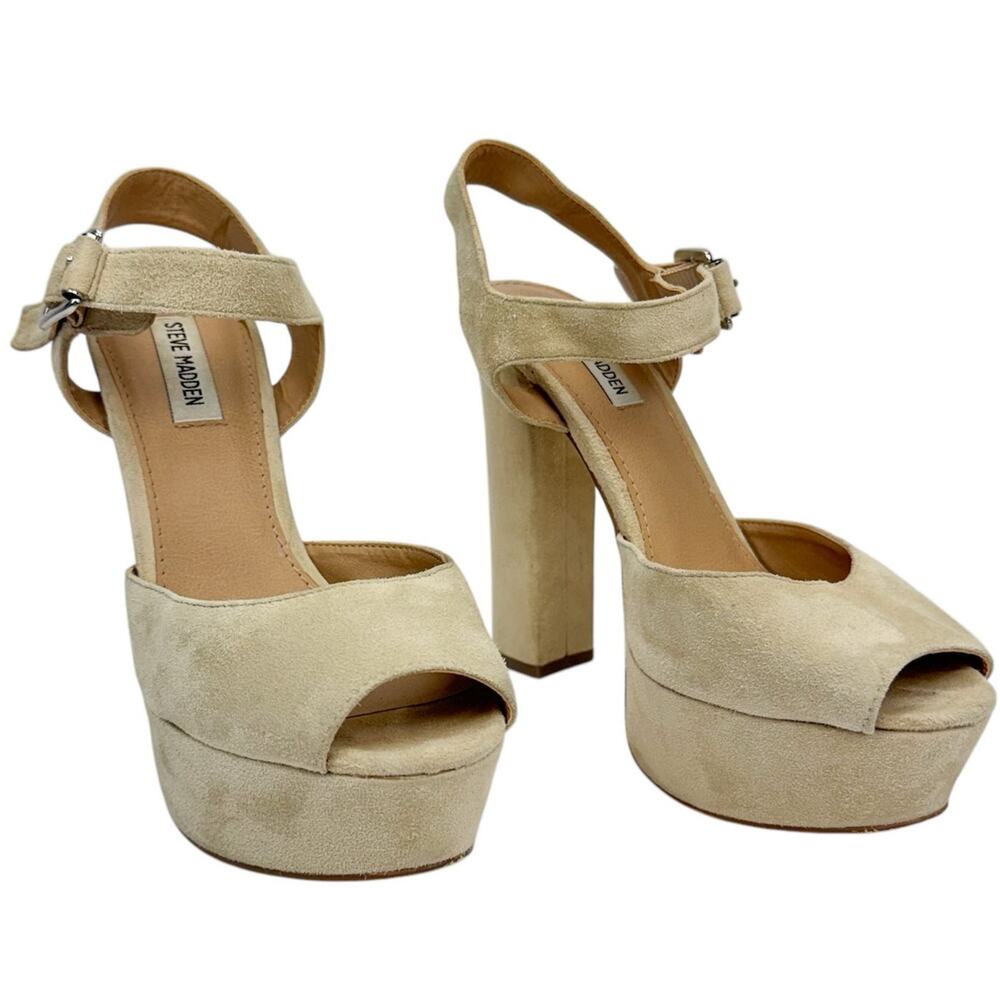 Steve Madden Jillyy Tan Suede Chuncky Extreme High Heel Platfrom‎ Sandals Sz 10M